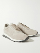 Brunello Cucinelli - Leather-Trimmed Perforated Suede Sneakers - Neutrals