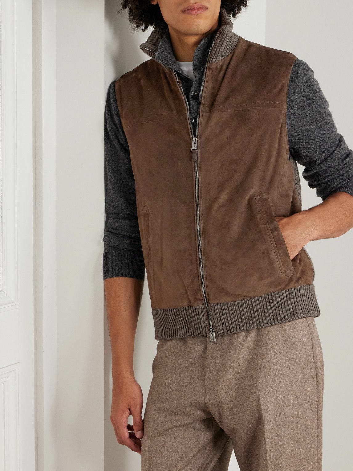 Canali - Padded Suede and Ribbed Wool Gilet - Brown