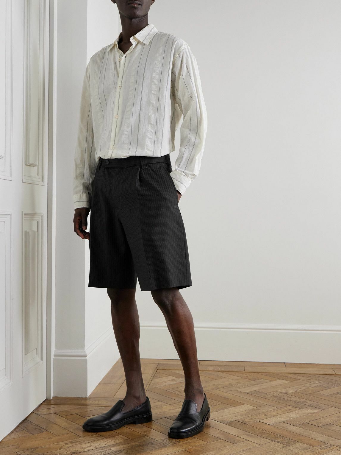 mfpen - Classic Straight-Leg Pleated Striped Wool Shorts - Black