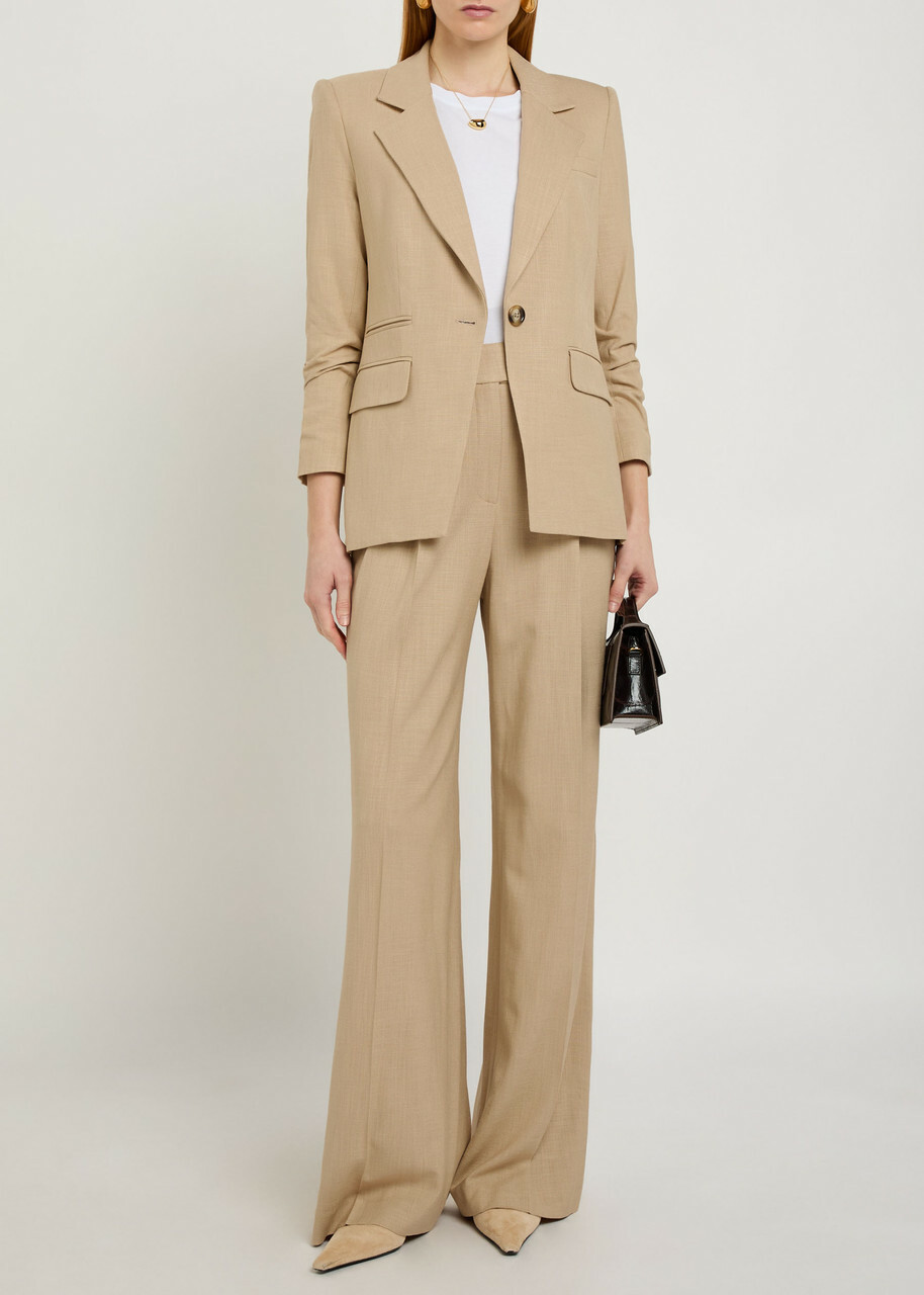 Veronica Beard Battista Gathered-sleeve Woven Blazer Khaki