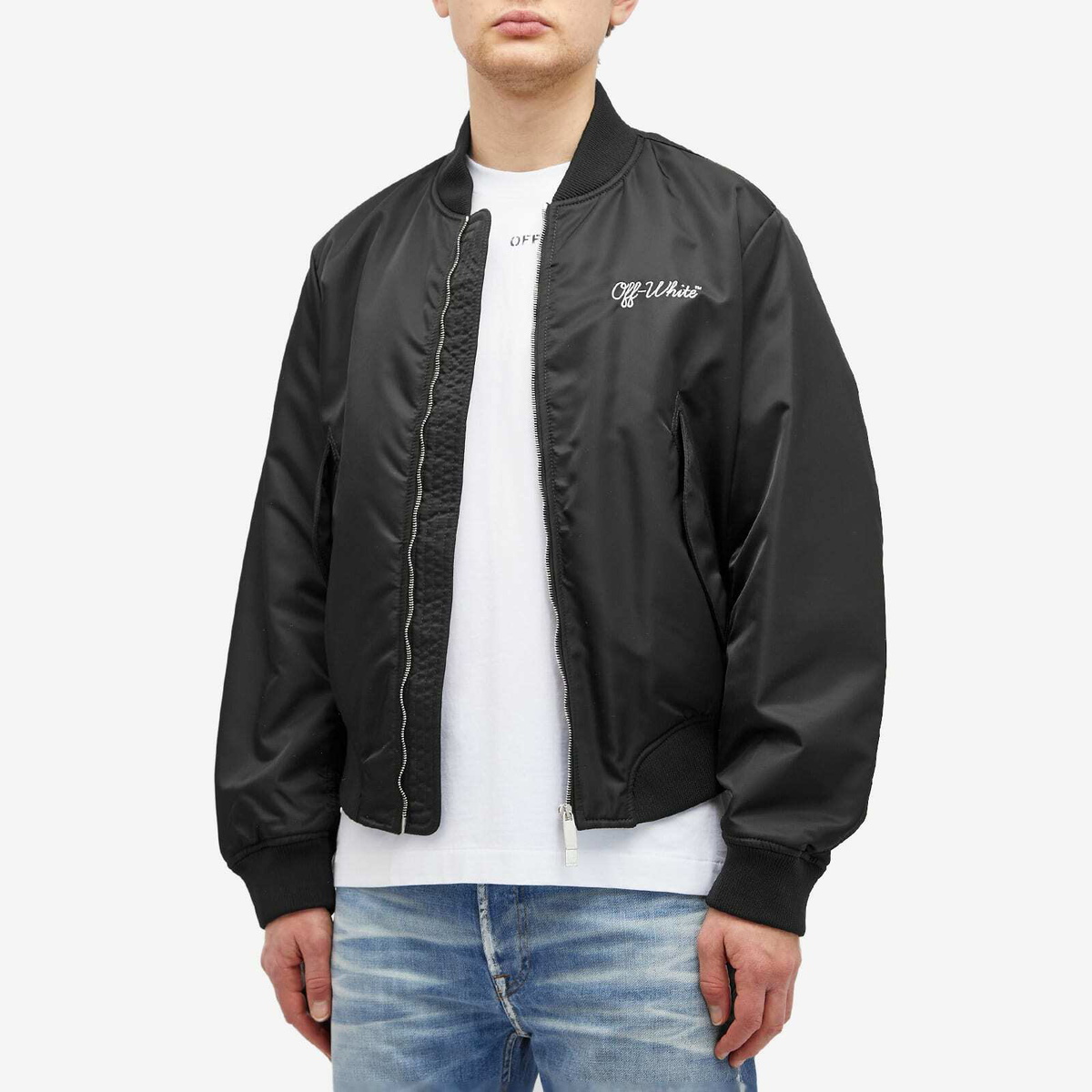 Off-White Men's Script Nylon Varsity Bomber Jacket in Black