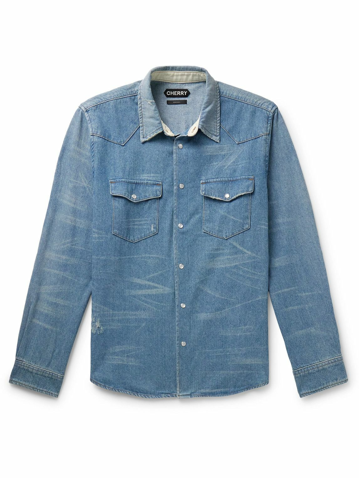 CHERRY LA - Distressed Denim Western Shirt - Blue