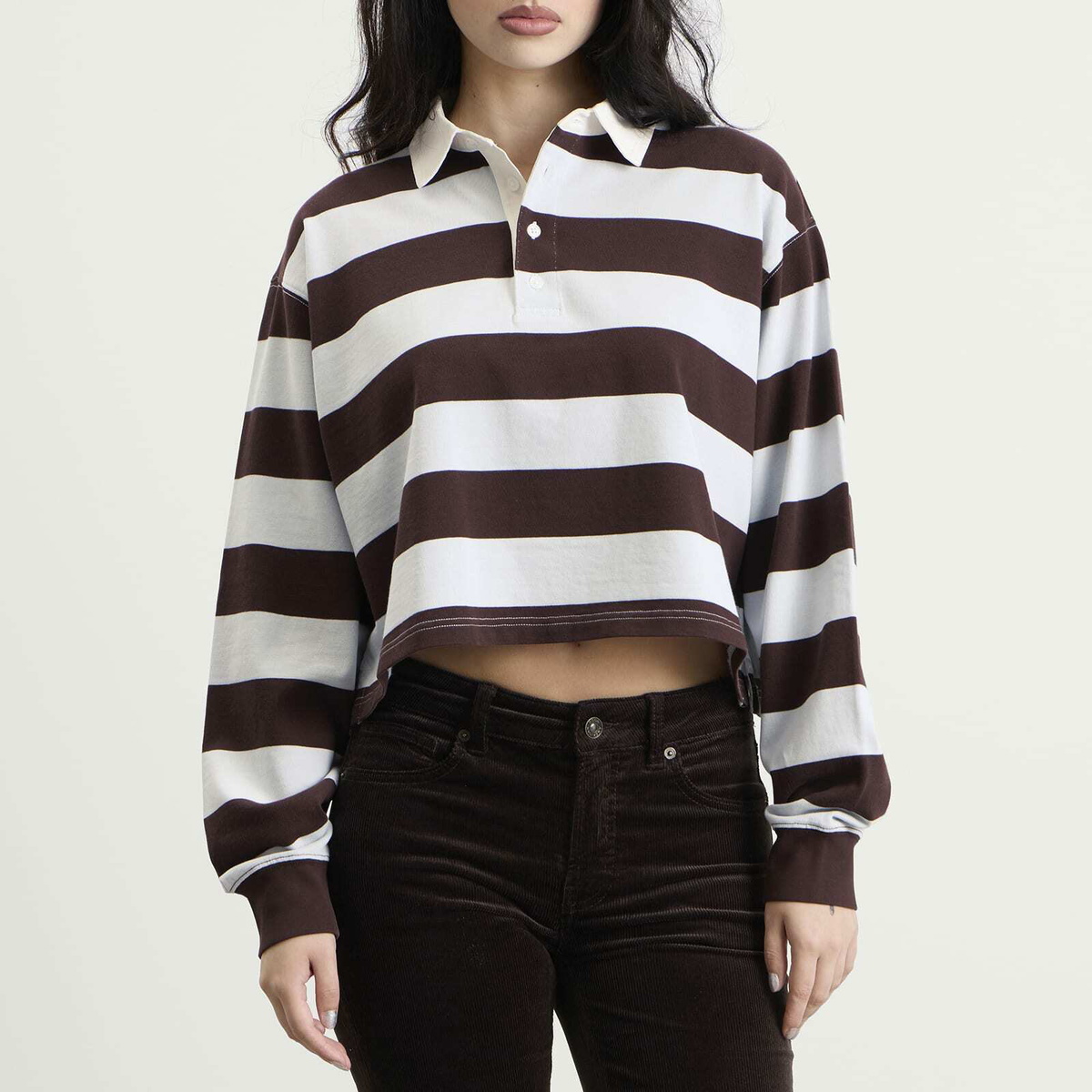 Good American Women's Cropped Rugby Polo Top in Espresso Sky Block Stripe