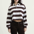 Good American Women's Cropped Rugby Polo Top in Espresso Sky Block Stripe