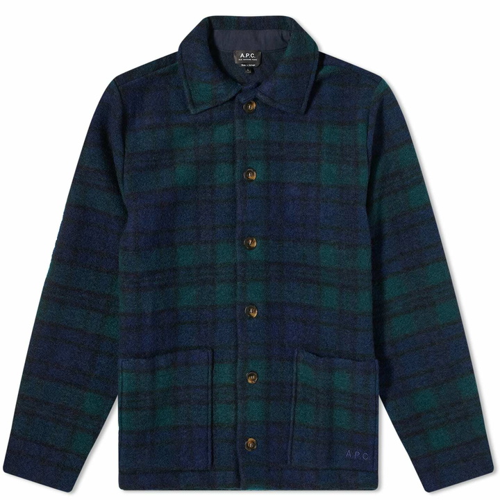 Photo: A.P.C. Men's Frankie Check Wool Chore Jacket in Dark Navy