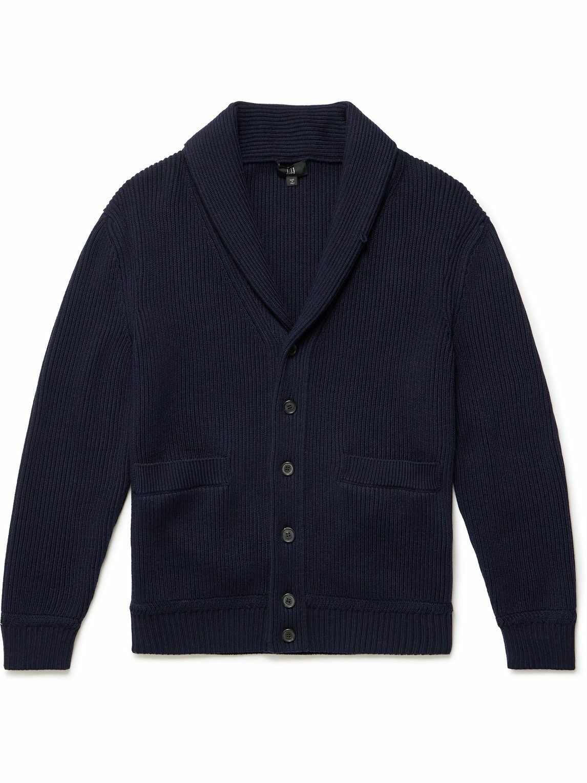 Photo: Dunhill - Shawl-Collar Suede-Trimmed Ribbed Merino Wool Cardigan - Blue