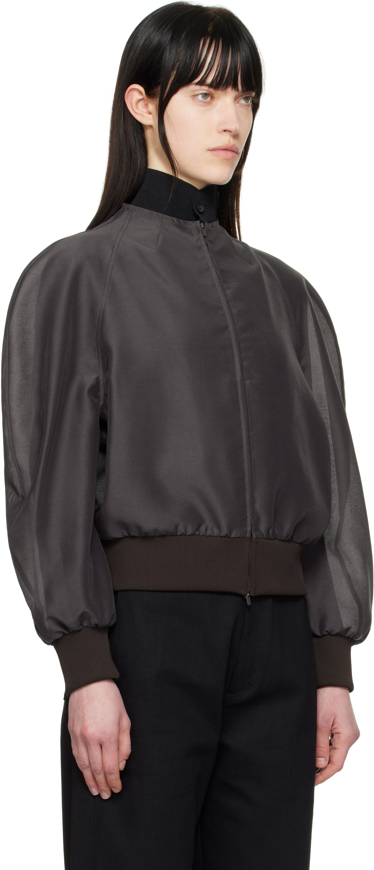 AMOMENTO Gray Mock Neck Organza Jacket