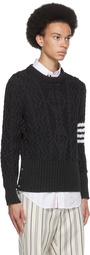 Thom Browne Grey Aran Cable 4-Bar Crewneck Sweater