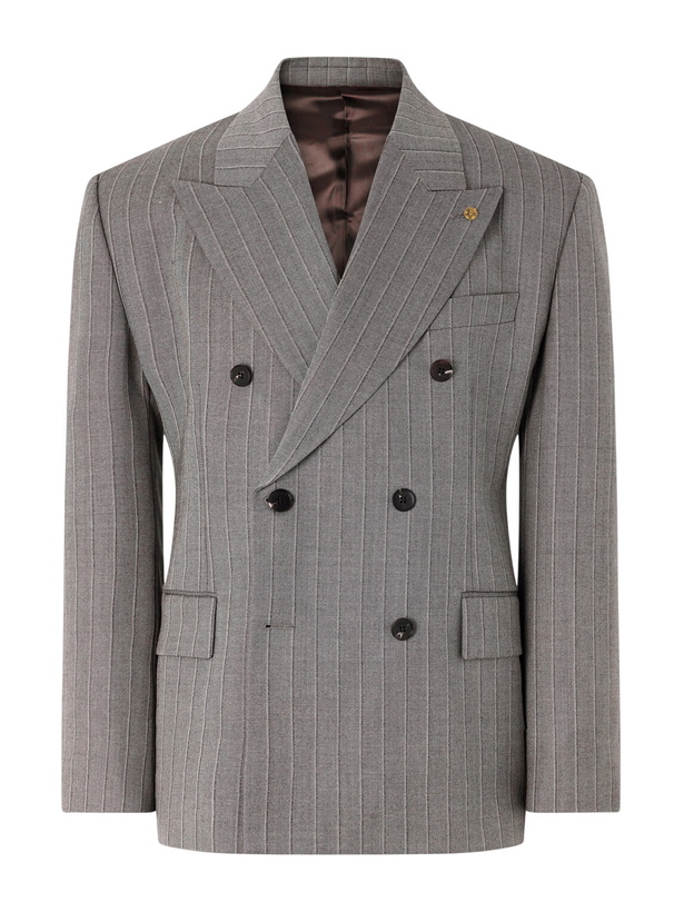 Photo: Versace - Double-Breasted Pinstriped Wool-Twill Blazer - Gray