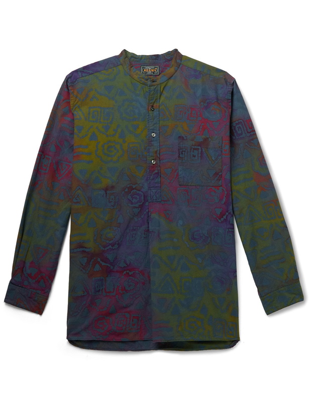 Photo: BEAMS PLUS - Grandad-Collar Printed Cotton Half-Placket Shirt - Green - S