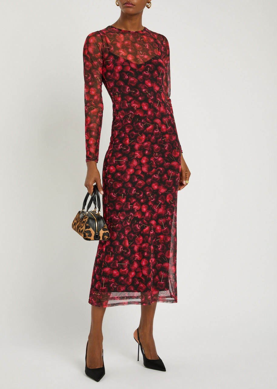 Never Fully Dressed Soho Cherry-print Mesh Midi Dress Black Red