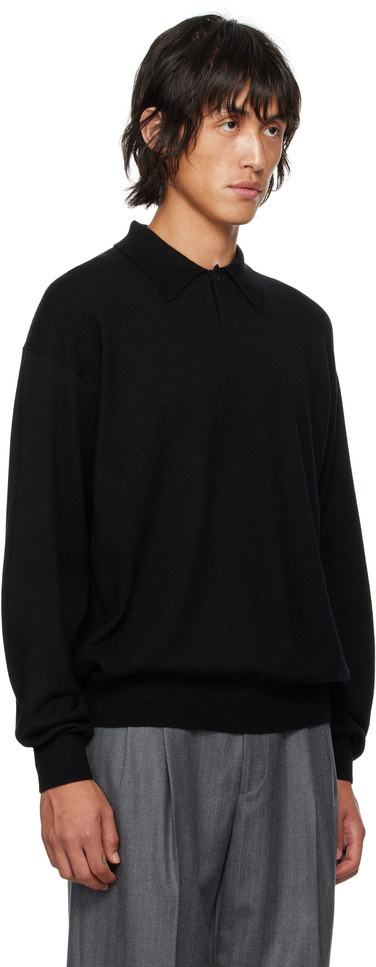 AURALEE Black Cashmere Silk Wool Knit Polo Auralee