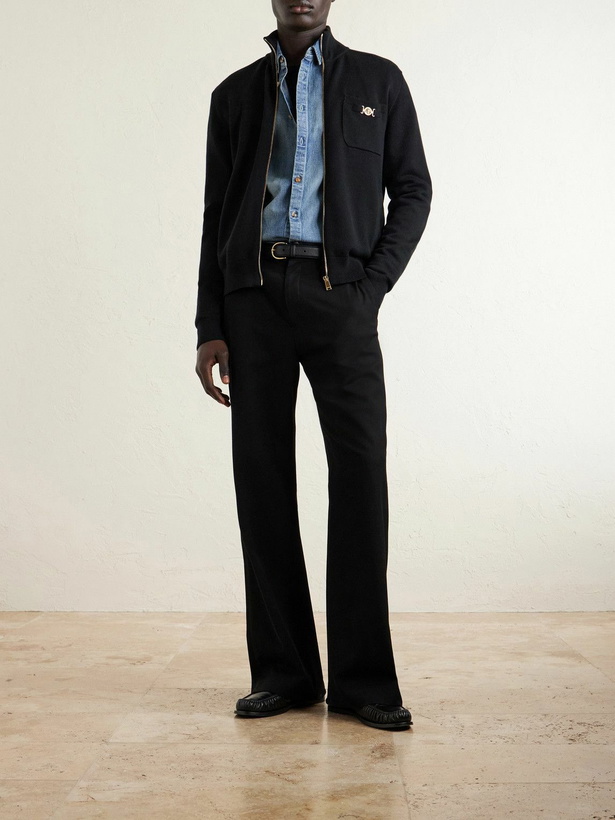 Photo: Versace - Embellished Cotton-Blend Zip-Up Sweater - Black