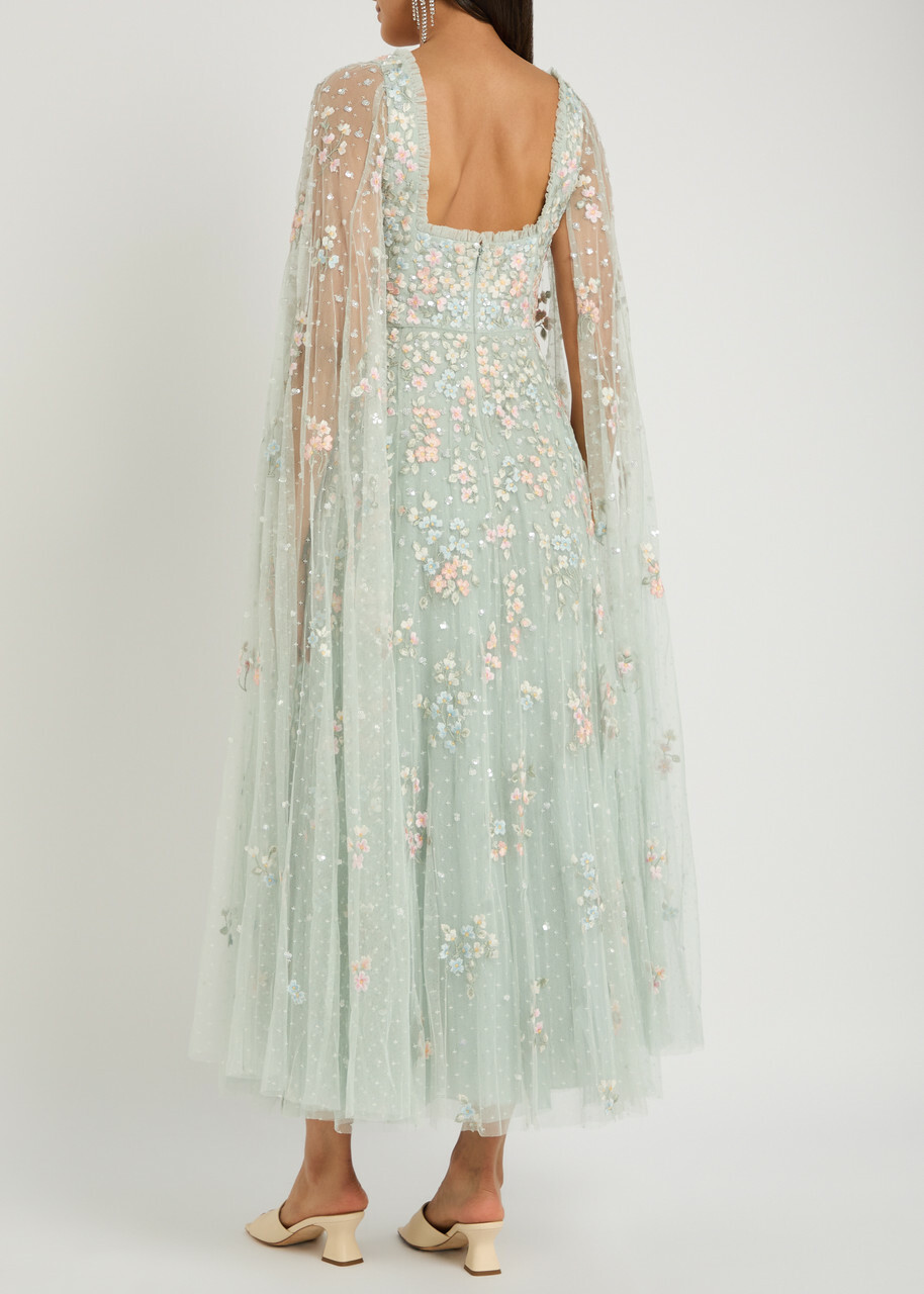 Needle & Thread Versailles Ditsy Floral-embroidered Tulle Gown Light Blue