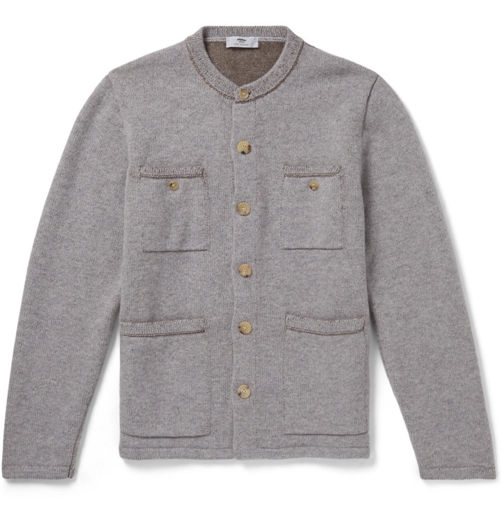 Photo: Inis Meáin - Contrast-Stitched Mélange Merino Wool and Linen-Blend Cardigan - Gray