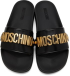 Moschino Black & Gold Logo Lettering Pool Slides