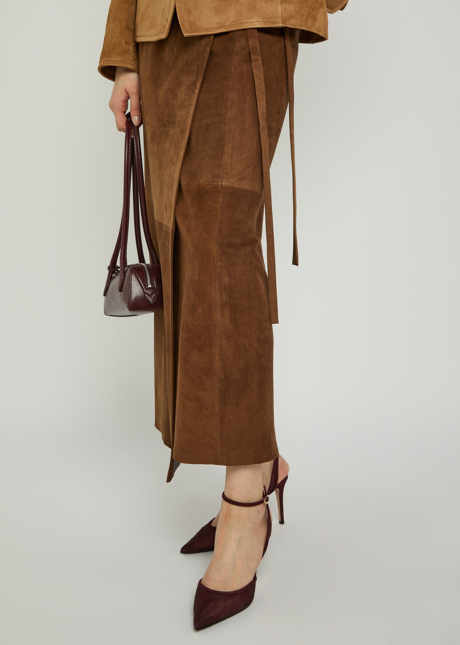 Nour Hammour Suede Wrap Midi Skirt Brown