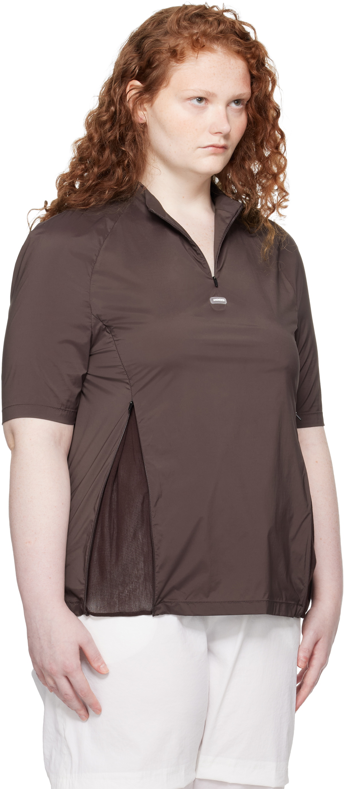 AMOMENTO Brown Mock Neck Half Zip T-shirt