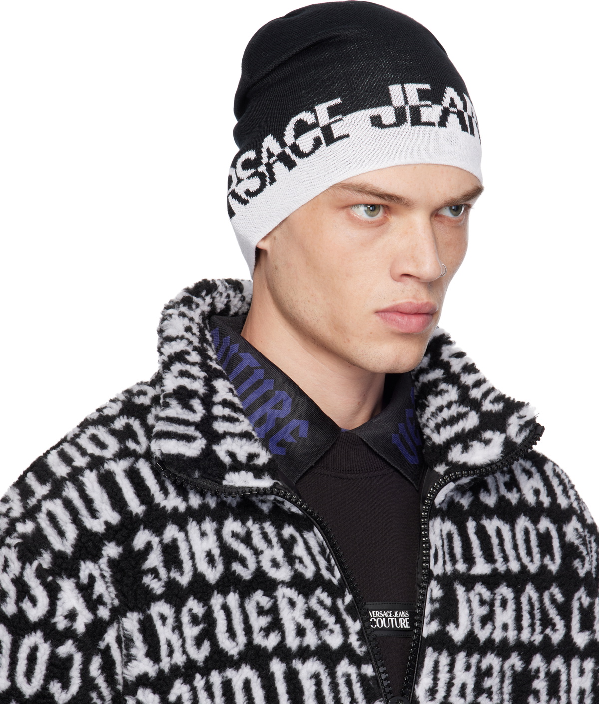 Versace Jeans Couture Black Cut Logo Beanie