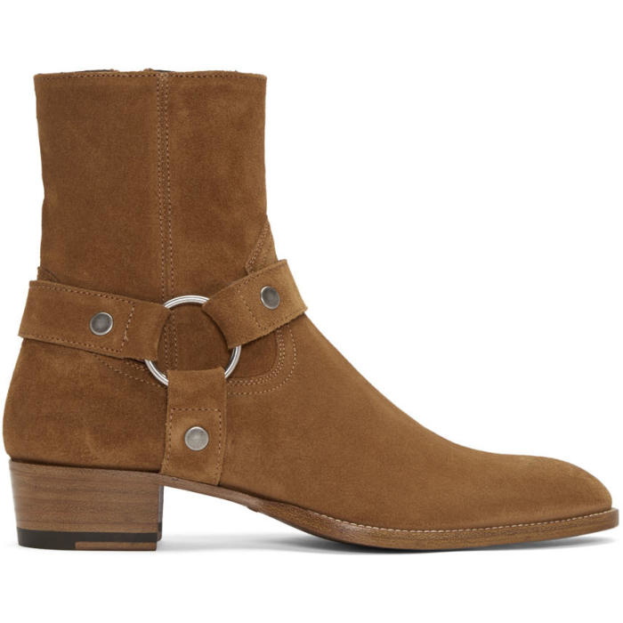 Photo: Saint Laurent Tan Suede Wyatt Harness Boots