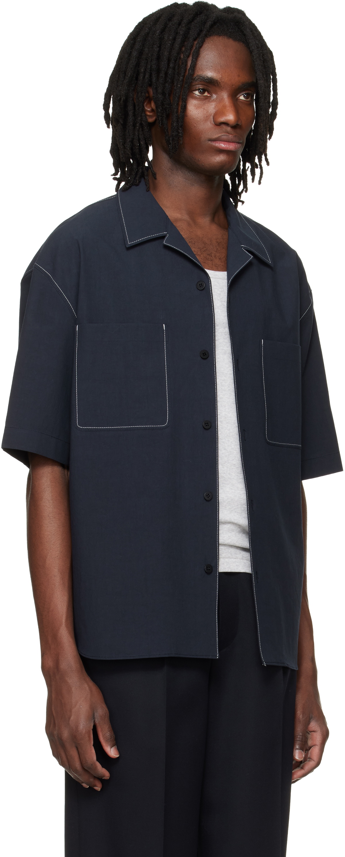 Solid Homme Navy Camp Collar Shirt