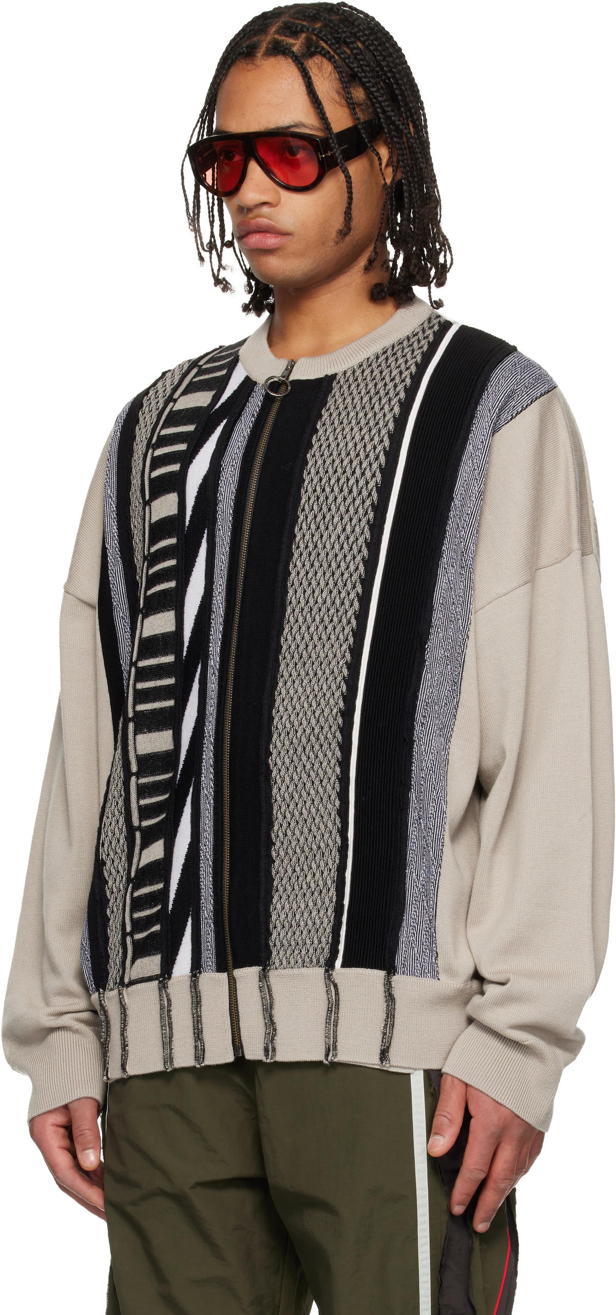 Martine Rose Beige & Black Multi Stripe Zip Up Crew Sweater