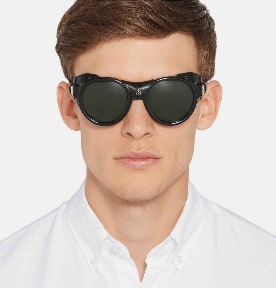 Moncler - Round-Frame Leather-Trimmed Acetate Polarised Sunglasses - Men -  Black Moncler