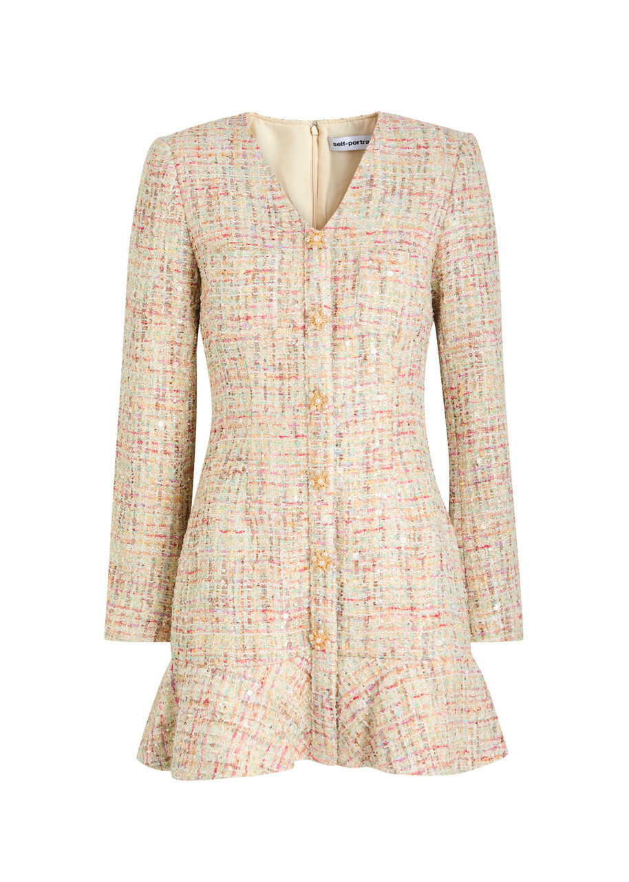 【関税&送料込】Self Portrait Multicolor Tweed Mini Dress SELF-PORTRAIT Sequin-embellished bouclé-tweed mini dress