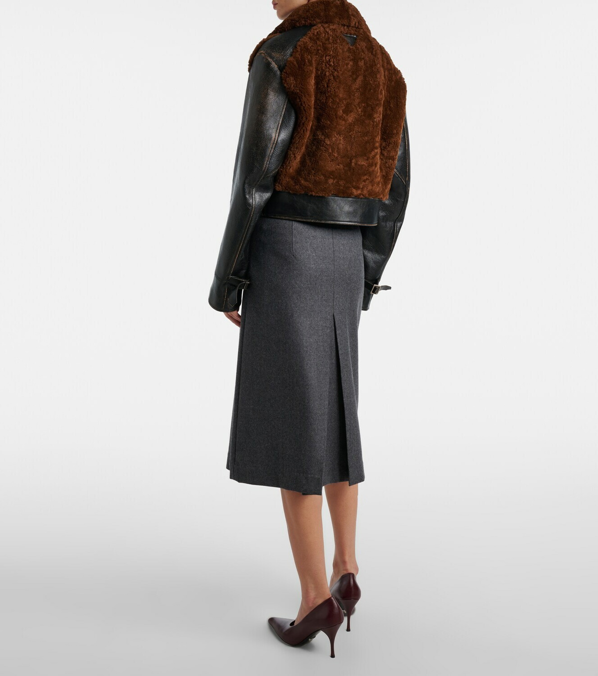 Prada Belted shearling-trimmed leather jacket