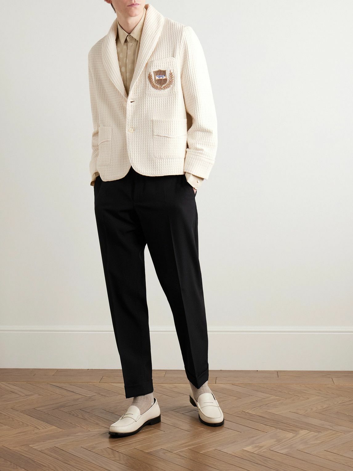 BODE - Shawl-Collar Embellished Waffle-Knit Cotton Blazer - Neutrals