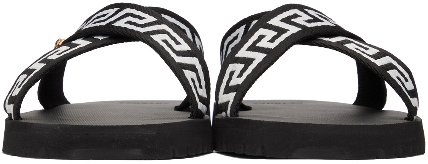 VERSACE BLACK NASTRO GRECA CROSS STRAP SANDALS US 14 SPB JA-367275 Versace Black & White Nastro Greca Cross Strap Sandals Versace main image 4
