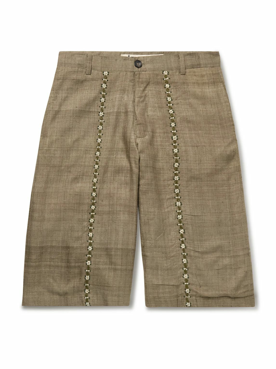 Kartik Research - Straight-Leg Embellished Slub Silk-Voile Shorts - Green