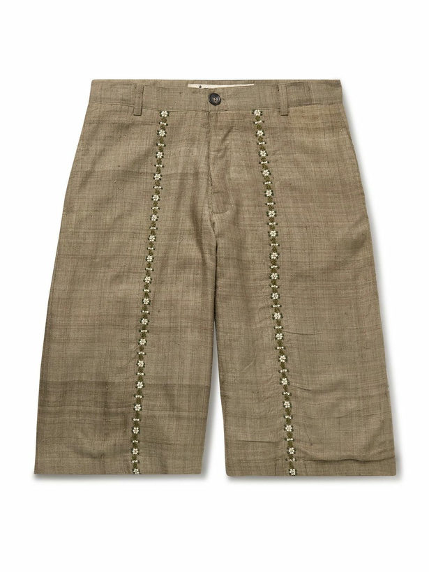 Photo: Kartik Research - Straight-Leg Embellished Slub Silk-Voile Shorts - Green