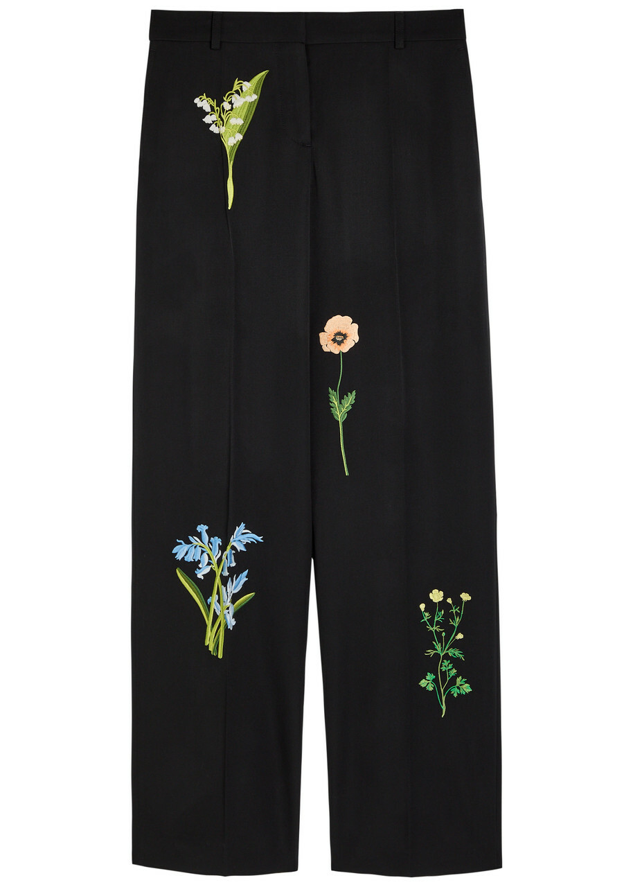 Stella Mccartney Floral-embroidered Straight-leg Trousers Black