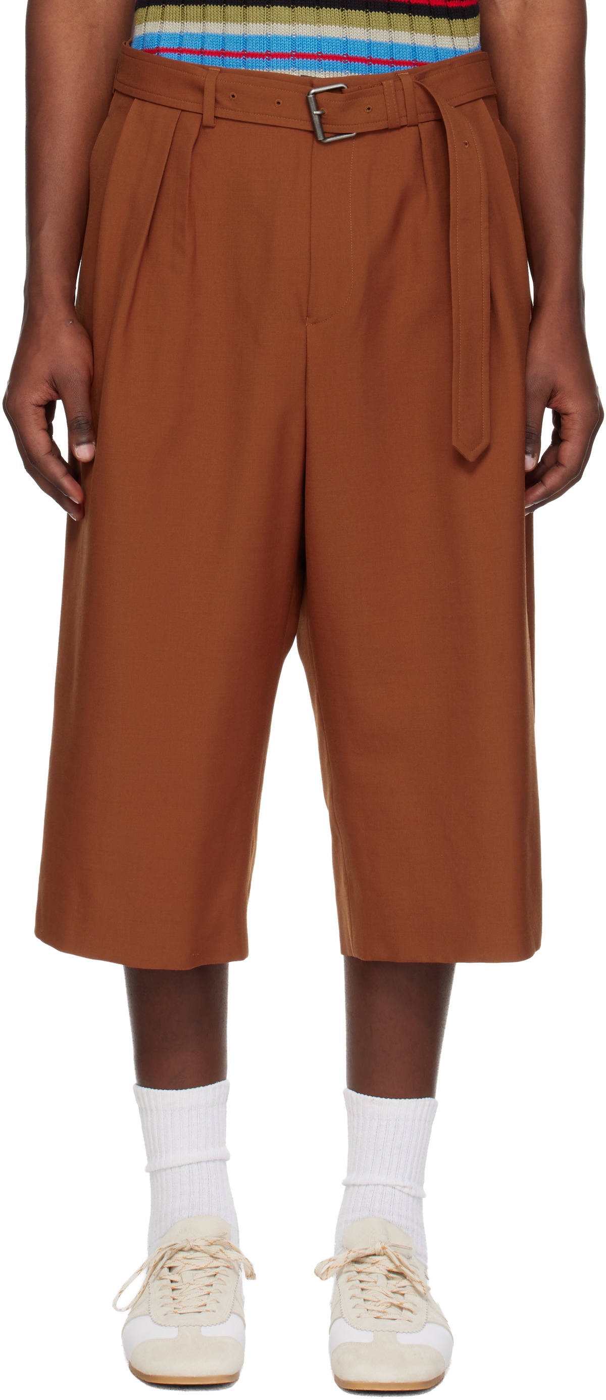 Dries Van Noten Orange Belted Wool Mohair Shorts