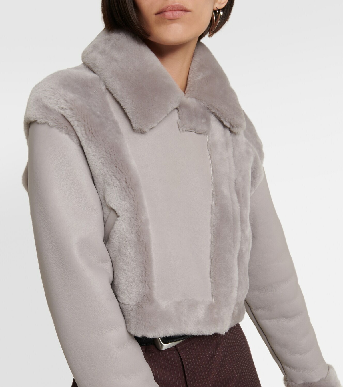 Blancha Shearling Cropped Jacket With White Fur Trim In Leather in Brown