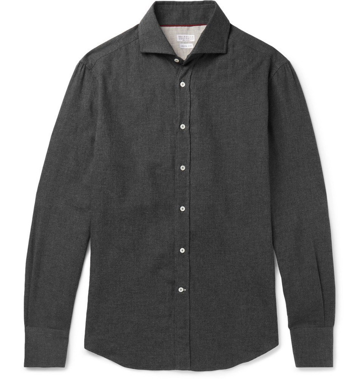 Photo: Brunello Cucinelli - Slim-Fit Cutaway-Collar Cotton-Flannel Shirt - Men - Gray