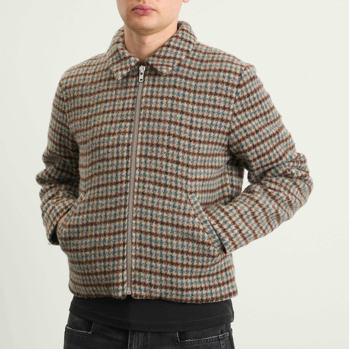 Won Hundred Men's Dutton Houndstooth Wool Jacket in Taupe Grey