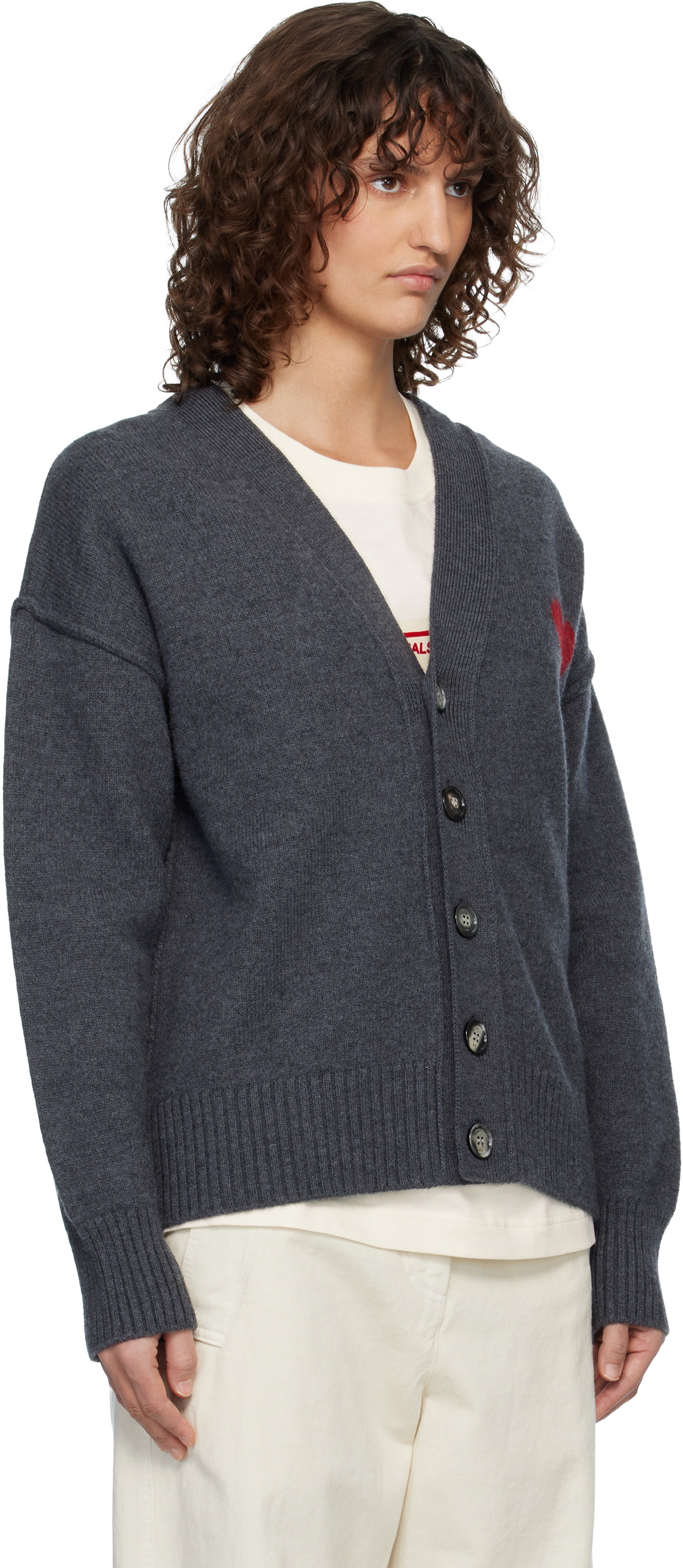 AMI Paris Gray Wool Ami de Coeur Cardigan