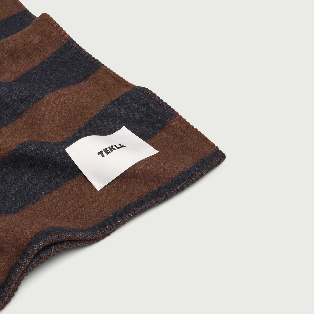 Tekla Fabrics Lambswool Blanket in Walnut/Dusk Blue Stripes