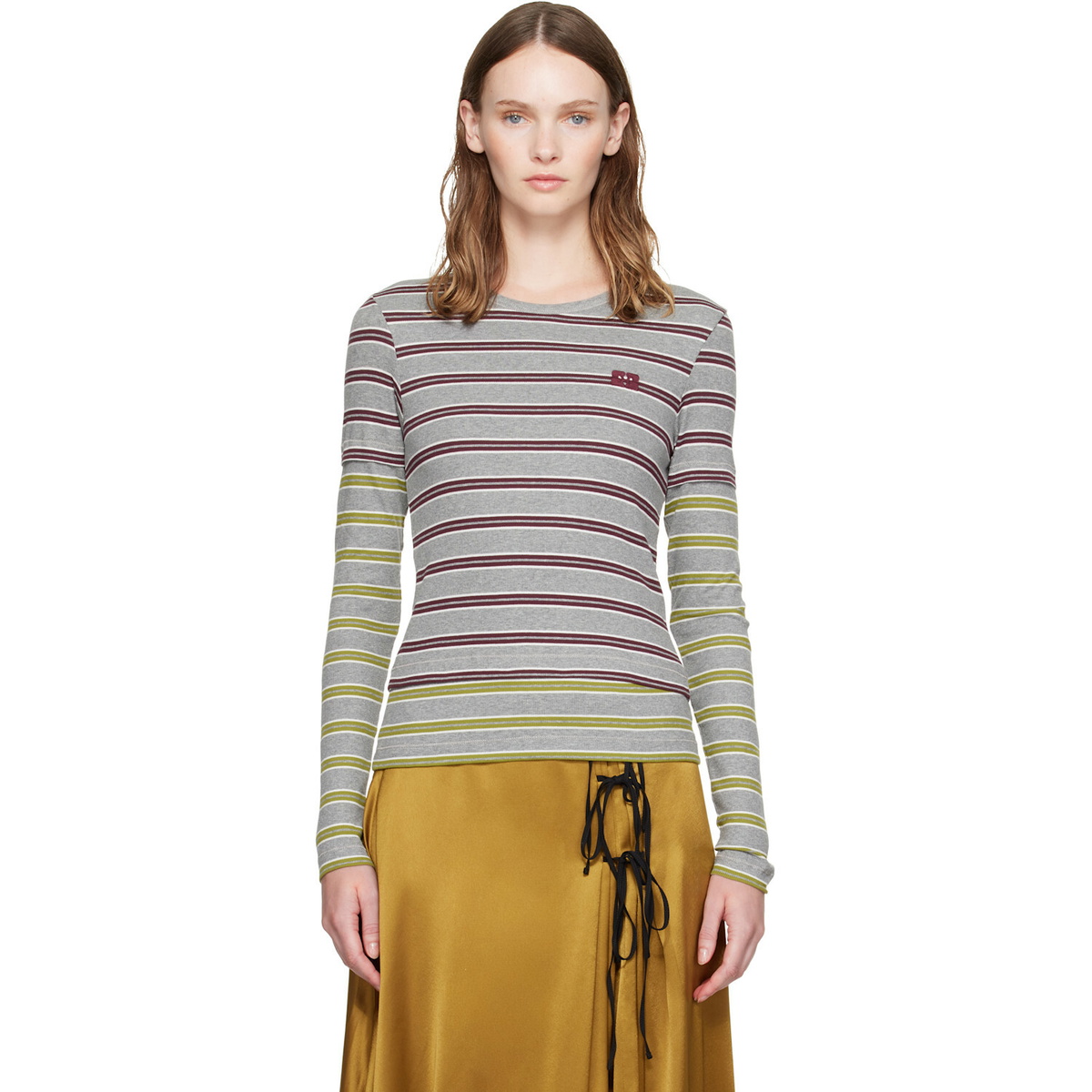 GANNI Gray & Red Double Stripe Long-Sleeve T-shirt