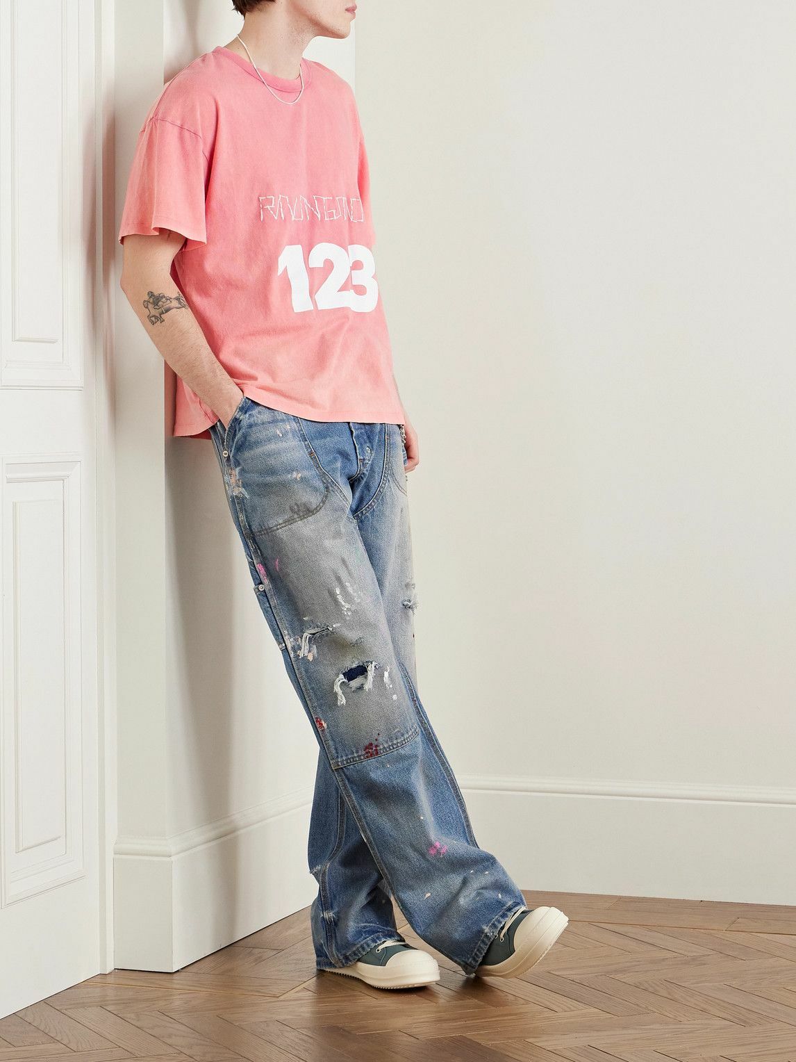 RRR123 - Logo-Print Embroidered Cotton-Jersey T-Shirt - Pink