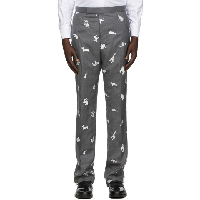 Photo: Thom Browne Grey Wool Animal Embroidered Trousers