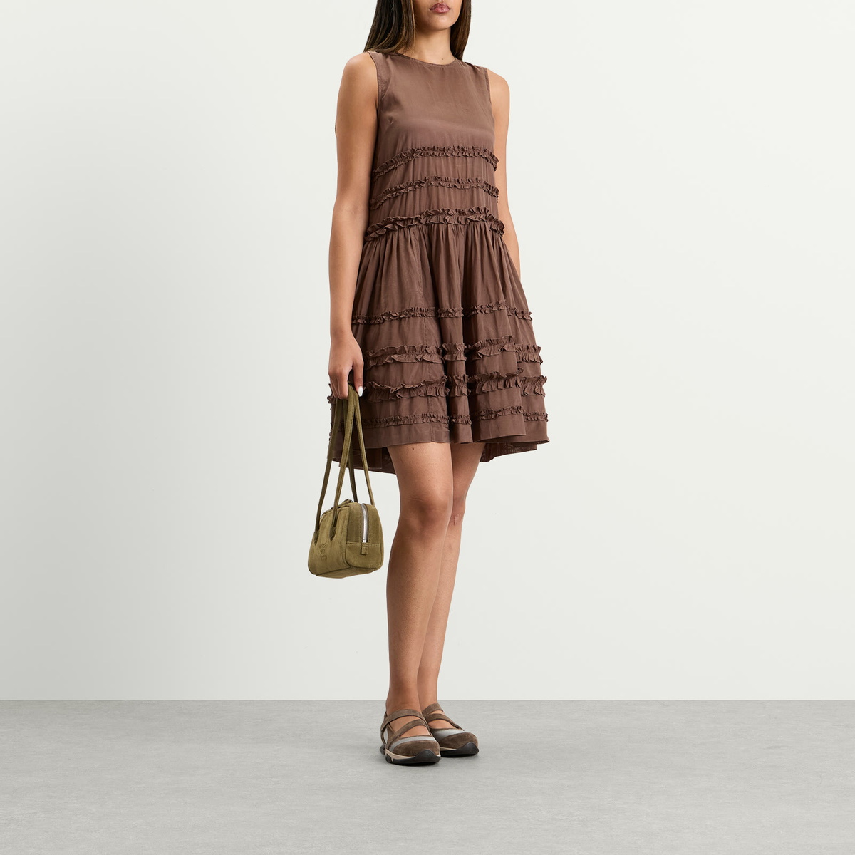 Damson Madder Women's Reed Drop Waist Ruffle Midi Dress in Choc
