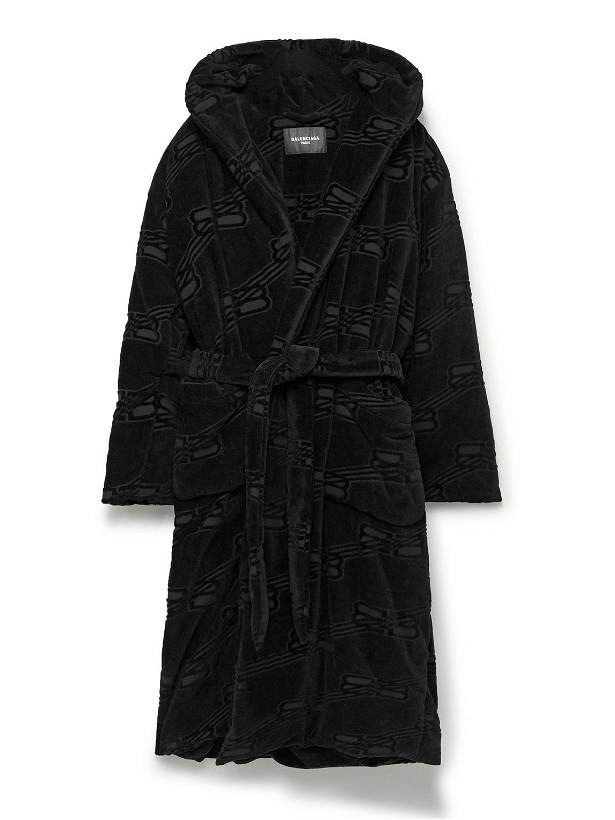 Photo: Balenciaga - Oversized Logo-Jacquard Cotton-Terry Hooded Robe - Black