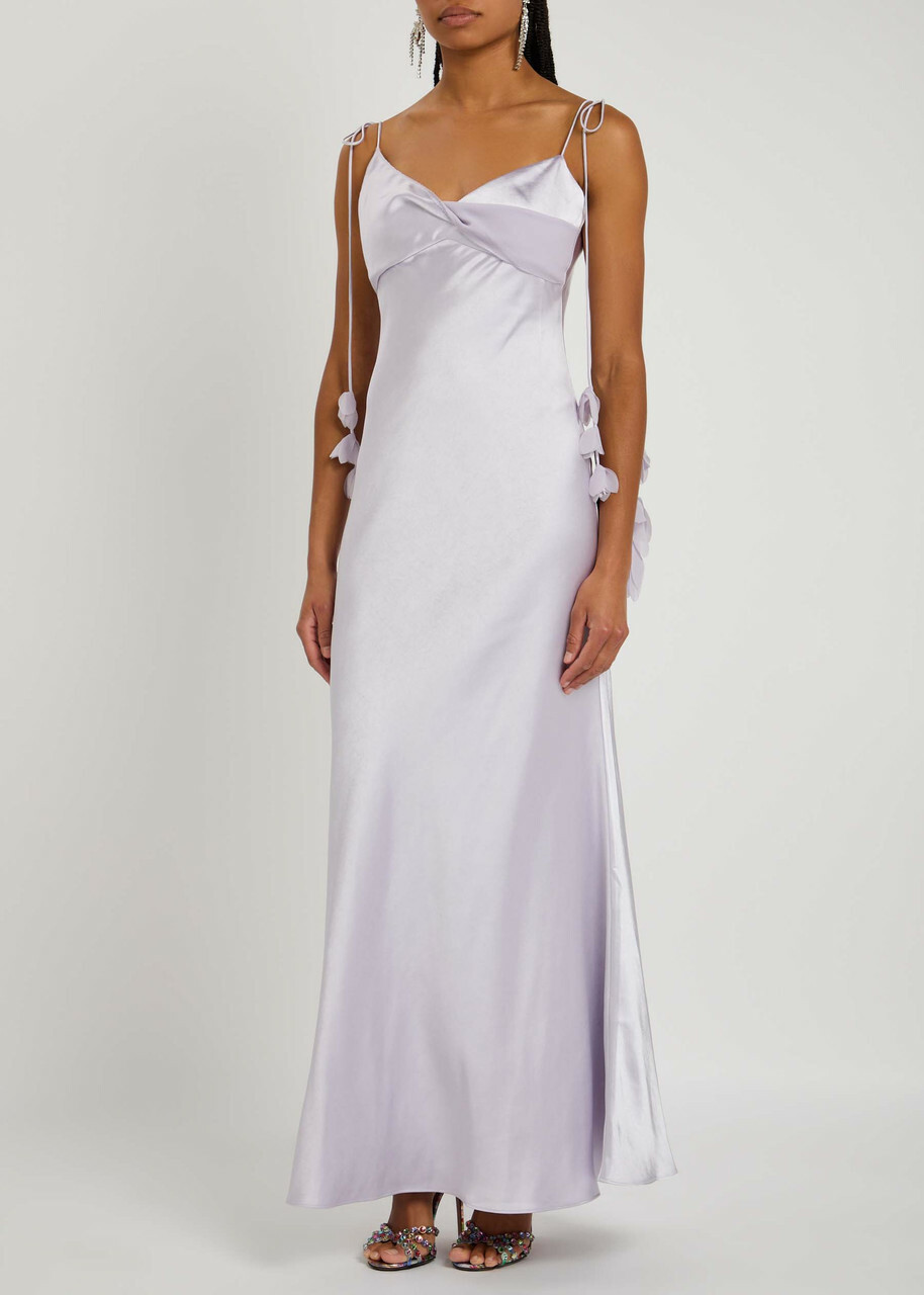 Self-portrait Floral-embellished Satin Maxi Slip Dress Lilac