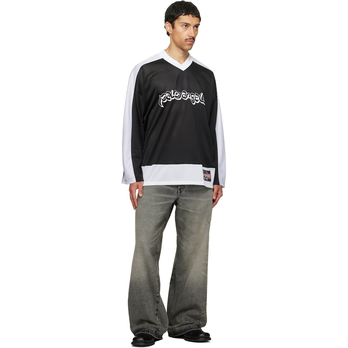 Palm Angels Black & White Thai Logo Mesh Loose Long-Sleeved T-shirt