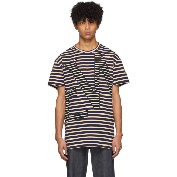 Photo: Loewe Navy and Off-White Striped Logo T-Shirt