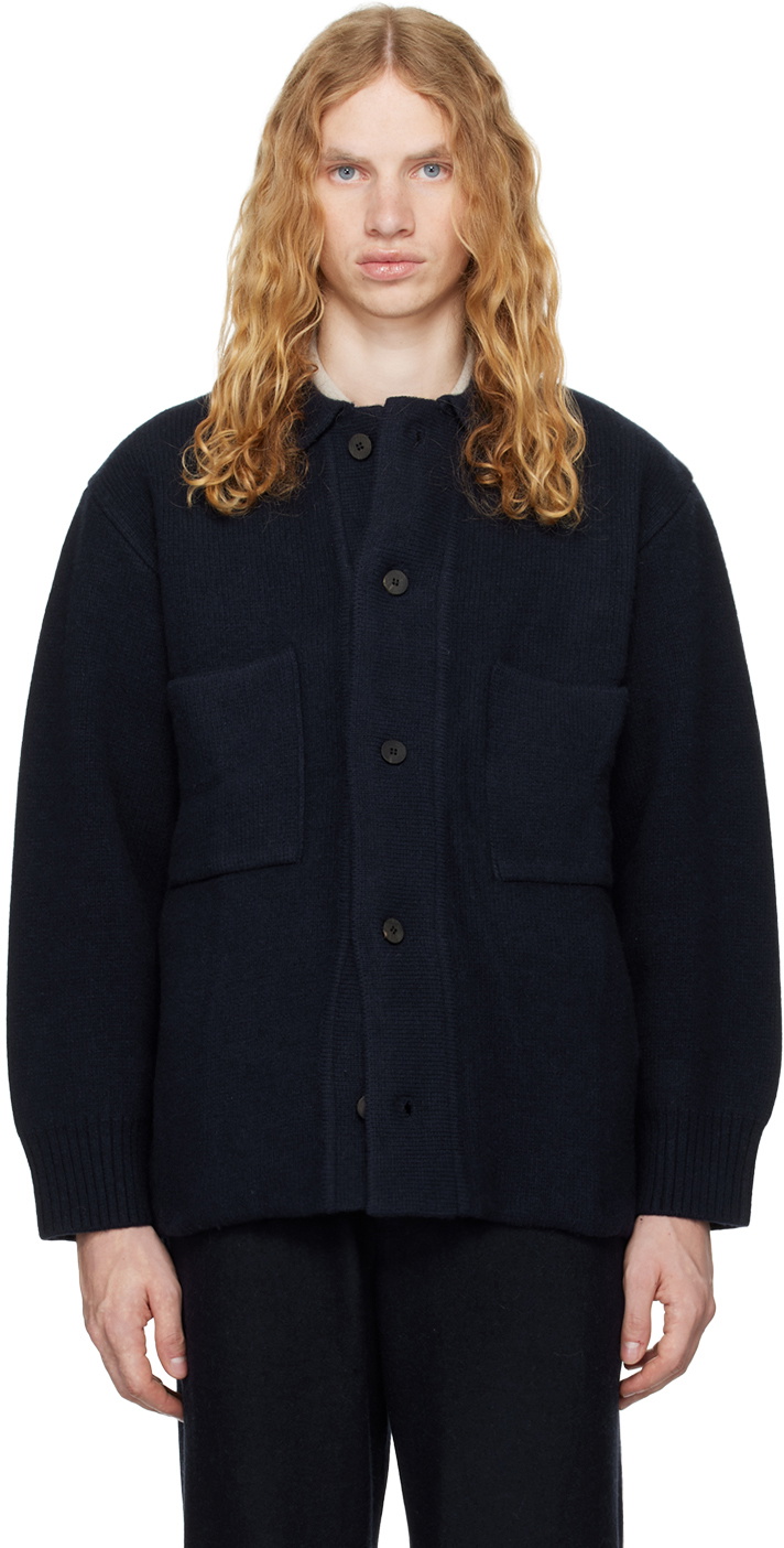 DOCUMENT Navy Heavy Weight Wool Double Pocket Cardigan