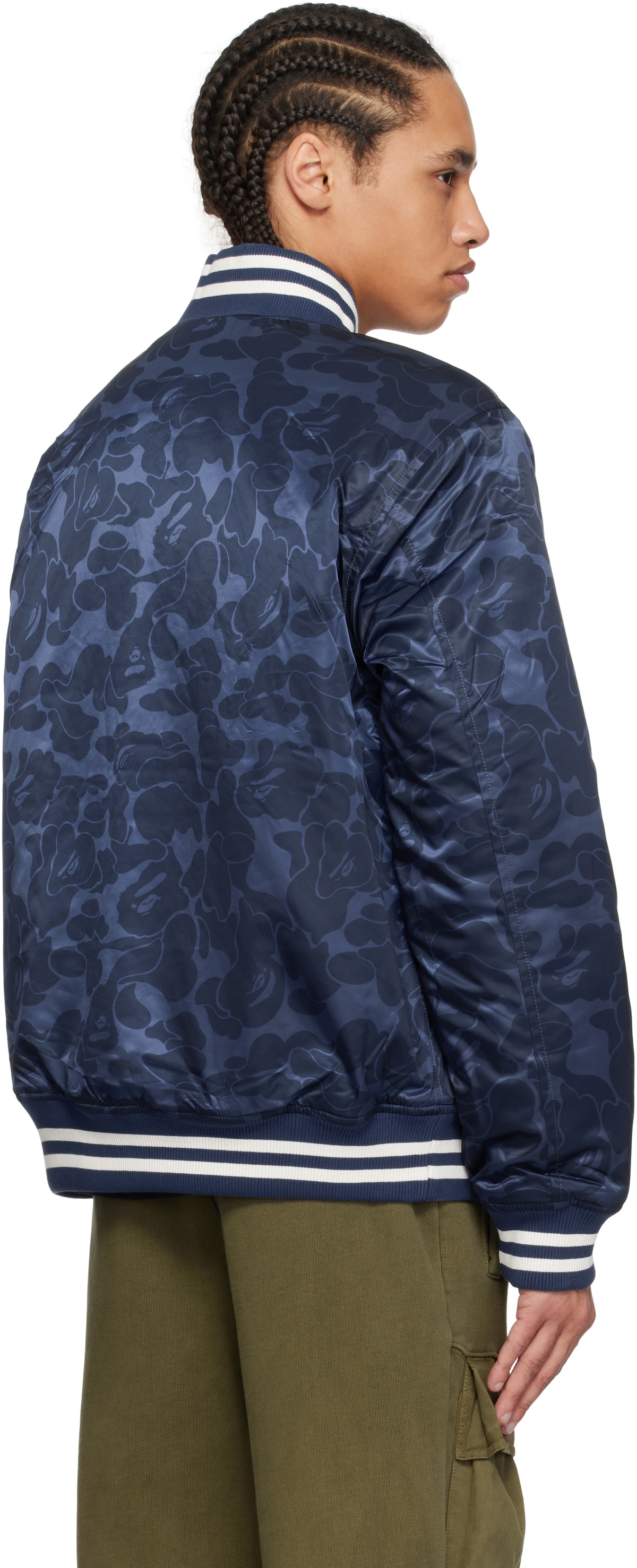 BAPE Navy Solid Camo NYC Logo Varsity Bomber Jacket